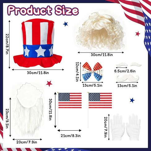 Yopyame 10pcs 4th of July Costume Patriotic Uncle Sam Costume Accessories Set, American Patriotic Top Hat American Flag Wig Eyebrows Mustache Bow Tie Gloves for 250th Independence Day Memorial Day in Saudi Arabia