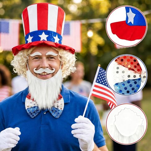 Yopyame 10pcs 4th of July Costume Patriotic Uncle Sam Costume Accessories Set, American Patriotic Top Hat American Flag Wig Eyebrows Mustache Bow Tie Gloves for 250th Independence Day Memorial Day in Saudi Arabia