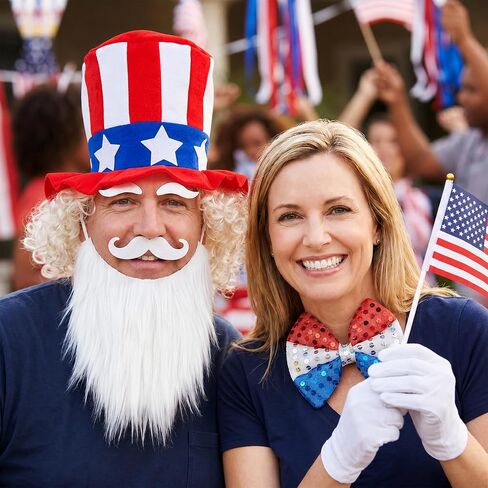 Yopyame 10pcs 4th of July Costume Patriotic Uncle Sam Costume Accessories Set, American Patriotic Top Hat American Flag Wig Eyebrows Mustache Bow Tie Gloves for 250th Independence Day Memorial Day in Saudi Arabia