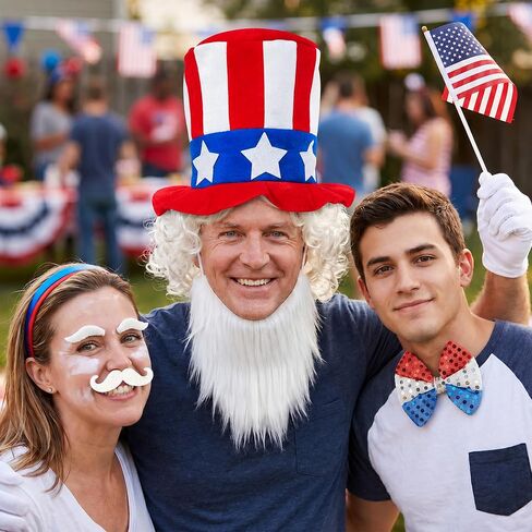 Yopyame 10pcs 4th of July Costume Patriotic Uncle Sam Costume Accessories Set, American Patriotic Top Hat American Flag Wig Eyebrows Mustache Bow Tie Gloves for 250th Independence Day Memorial Day in Saudi Arabia