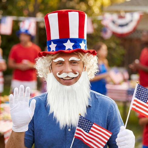 Yopyame 10pcs 4th of July Costume Patriotic Uncle Sam Costume Accessories Set, American Patriotic Top Hat American Flag Wig Eyebrows Mustache Bow Tie Gloves for 250th Independence Day Memorial Day in Saudi Arabia