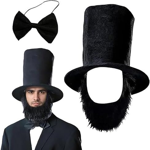 3PCS Gentleman Top Hat Beard & Bowtie Set for Patriotic Day, Abe President Costume Halloween Cosplay Dress Up Outfit in Kuwait