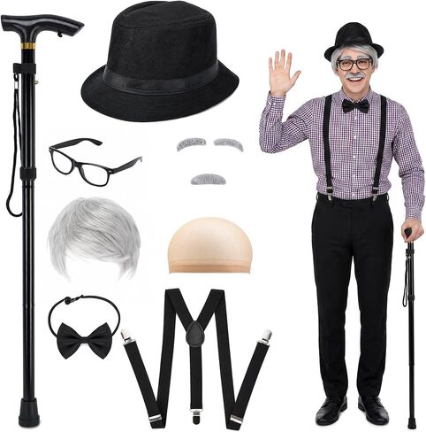 9 Pcs Old Man Costume Kit, Grandpa Cosplay Accessories Set Including Old Men Alloy Cane Hat Wig Faux Beard Eyebrows Bow Tie Suspenders Glasses for Halloween Party Outfit in Saudi Arabia