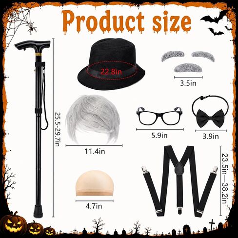 9 Pcs Old Man Costume Kit, Grandpa Cosplay Accessories Set Including Old Men Alloy Cane Hat Wig Faux Beard Eyebrows Bow Tie Suspenders Glasses for Halloween Party Outfit in Saudi Arabia