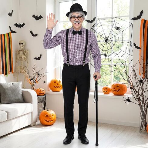 9 Pcs Old Man Costume Kit, Grandpa Cosplay Accessories Set Including Old Men Alloy Cane Hat Wig Faux Beard Eyebrows Bow Tie Suspenders Glasses for Halloween Party Outfit in Saudi Arabia
