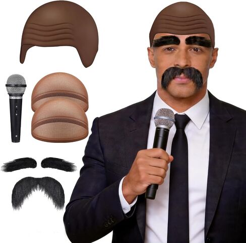 6 Pieces Halloween Speaker Costume Include Brown Bald Cap Extended Microphone Mustache Eyebrows and Wig Hair Net for Men Women Adults Cosplay Costume and Masquerade in Saudi Arabia