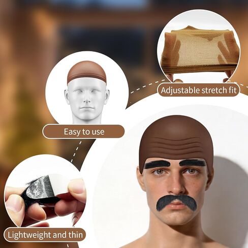 6 Pieces Halloween Speaker Costume Include Brown Bald Cap Extended Microphone Mustache Eyebrows and Wig Hair Net for Men Women Adults Cosplay Costume and Masquerade in Saudi Arabia