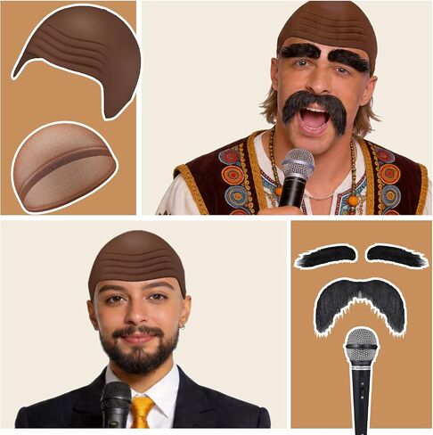 6 Pieces Halloween Speaker Costume Include Brown Bald Cap Extended Microphone Mustache Eyebrows and Wig Hair Net for Men Women Adults Cosplay Costume and Masquerade in Saudi Arabia