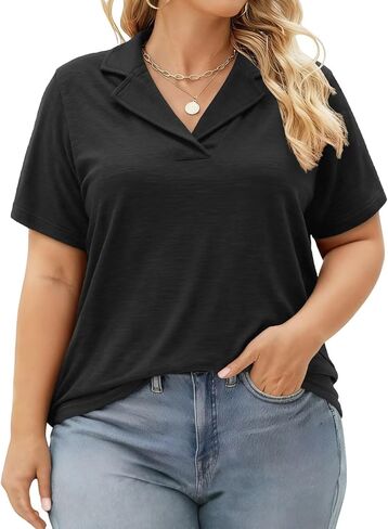 DOLNINE Plus Size Polo Shirts for Women V Neck Collared Shirt Casual Short Sleeve Tops Summer Loose Fit Dressy Tunic Blouses in Kuwait