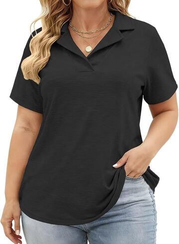 DOLNINE Plus Size Polo Shirts for Women V Neck Collared Shirt Casual Short Sleeve Tops Summer Loose Fit Dressy Tunic Blouses in Kuwait