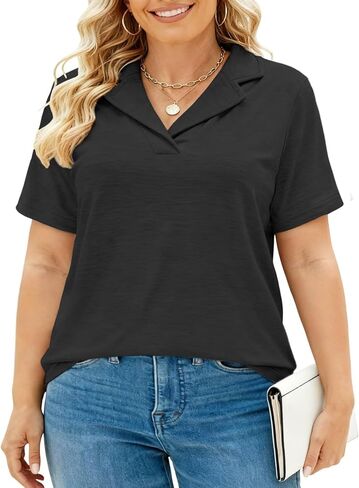DOLNINE Plus Size Polo Shirts for Women V Neck Collared Shirt Casual Short Sleeve Tops Summer Loose Fit Dressy Tunic Blouses in Kuwait