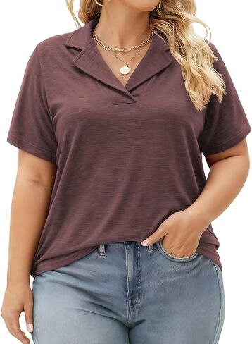 DOLNINE Plus Size Polo Shirts for Women V Neck Collared Shirt Casual Short Sleeve Tops Summer Loose Fit Dressy Tunic Blouses in Kuwait