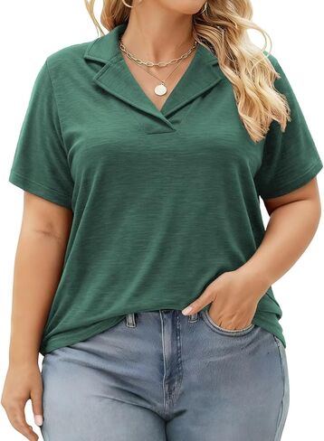 DOLNINE Plus Size Polo Shirts for Women V Neck Collared Shirt Casual Short Sleeve Tops Summer Loose Fit Dressy Tunic Blouses in Kuwait