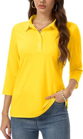 SMENG Women's Polo Shirts Cotton Blend Collared Golf Shirt 3/4 Sleeve 5-Button Tops Business Casual Work Tee in Saudi Arabia