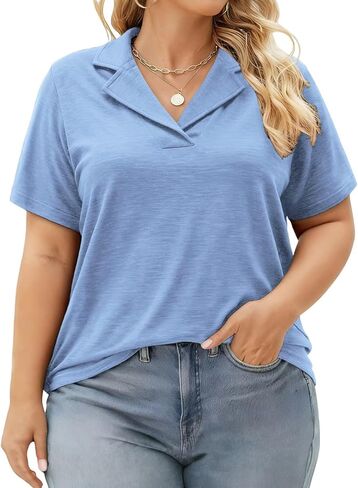 DOLNINE Plus Size Polo Shirts for Women V Neck Collared Shirt Casual Short Sleeve Tops Summer Loose Fit Dressy Tunic Blouses in Kuwait