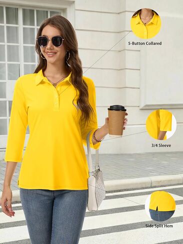 SMENG Women's Polo Shirts Cotton Blend Collared Golf Shirt 3/4 Sleeve 5-Button Tops Business Casual Work Tee in Saudi Arabia