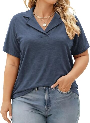 DOLNINE Plus Size Polo Shirts for Women V Neck Collared Shirt Casual Short Sleeve Tops Summer Loose Fit Dressy Tunic Blouses in Kuwait