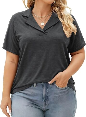 DOLNINE Plus Size Polo Shirts for Women V Neck Collared Shirt Casual Short Sleeve Tops Summer Loose Fit Dressy Tunic Blouses in Kuwait