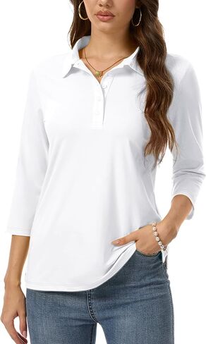 SMENG Women's Polo Shirts Cotton Blend Collared Golf Shirt 3/4 Sleeve 5-Button Tops Business Casual Work Tee in Saudi Arabia