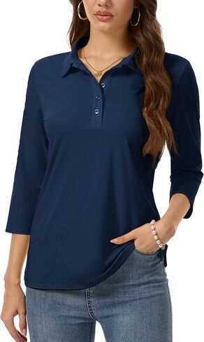 SMENG Women's Polo Shirts Cotton Blend Collared Golf Shirt 3/4 Sleeve 5-Button Tops Business Casual Work Tee in Saudi Arabia
