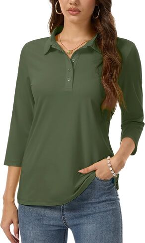 SMENG Women's Polo Shirts Cotton Blend Collared Golf Shirt 3/4 Sleeve 5-Button Tops Business Casual Work Tee in Saudi Arabia
