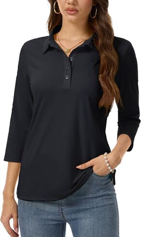 SMENG Women's Polo Shirts Cotton Blend Collared Golf Shirt 3/4 Sleeve 5-Button Tops Business Casual Work Tee in Saudi Arabia