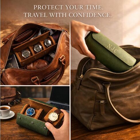 Personalized Leather Watch Case for Men - Custom Watch Holder, Travel Roll, Jewelry Organizer Gifts For Father's Day, Boyfriend, Groomsmen, Birthday, Wedding, Anniversary, Husband, Gift for Him in Kuwait