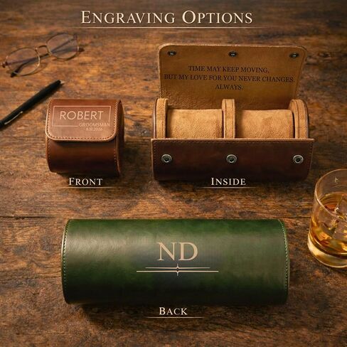 Personalized Leather Watch Case for Men - Custom Watch Holder, Travel Roll, Jewelry Organizer Gifts For Father's Day, Boyfriend, Groomsmen, Birthday, Wedding, Anniversary, Husband, Gift for Him in Kuwait