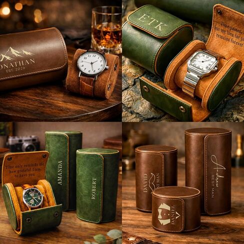 Personalized Leather Watch Case for Men - Custom Watch Holder, Travel Roll, Jewelry Organizer Gifts For Father's Day, Boyfriend, Groomsmen, Birthday, Wedding, Anniversary, Husband, Gift for Him in Kuwait
