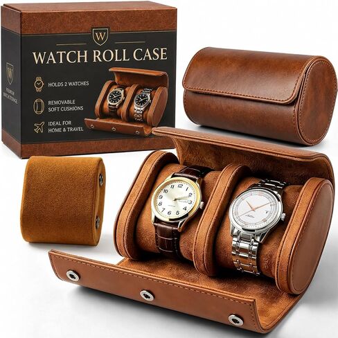 Watch Travel Case for Men: Watch Roll Travel Box 2-Slot with Removable Pillows & Soft Lining - Portable Storage Compact Organizer for Travel & Display - Gift for Men (Brown) in Kuwait