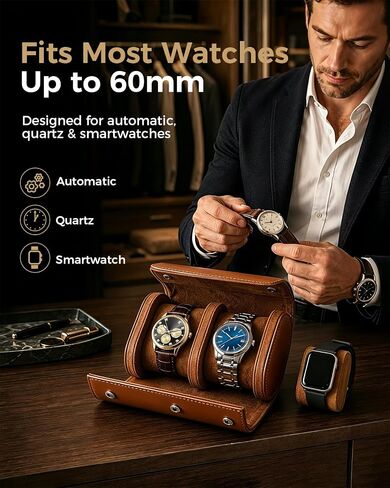 Watch Travel Case for Men: Watch Roll Travel Box 2-Slot with Removable Pillows & Soft Lining - Portable Storage Compact Organizer for Travel & Display - Gift for Men (Brown) in Kuwait
