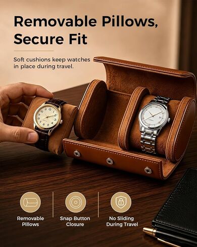 Watch Travel Case for Men: Watch Roll Travel Box 2-Slot with Removable Pillows & Soft Lining - Portable Storage Compact Organizer for Travel & Display - Gift for Men (Brown) in Kuwait