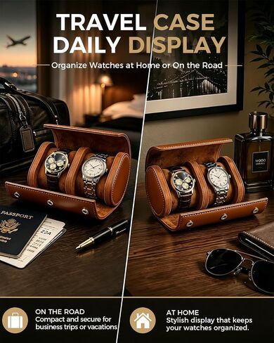 Watch Travel Case for Men: Watch Roll Travel Box 2-Slot with Removable Pillows & Soft Lining - Portable Storage Compact Organizer for Travel & Display - Gift for Men (Brown) in Kuwait