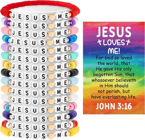 Y1tvei Jesus Loves Me Clay Bead Bracelets - 30Sets Stretch Chains with John 3: 16 Bible Verse Cards, String Layering Stackable Stretch Wrist Bracelets for Christian Religious Birthday Party Favors Gift in Kuwait