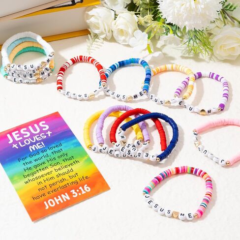 Y1tvei Jesus Loves Me Clay Bead Bracelets - 30Sets Stretch Chains with John 3: 16 Bible Verse Cards, String Layering Stackable Stretch Wrist Bracelets for Christian Religious Birthday Party Favors Gift in Kuwait