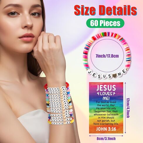 Y1tvei Jesus Loves Me Clay Bead Bracelets - 30Sets Stretch Chains with John 3: 16 Bible Verse Cards, String Layering Stackable Stretch Wrist Bracelets for Christian Religious Birthday Party Favors Gift in Kuwait