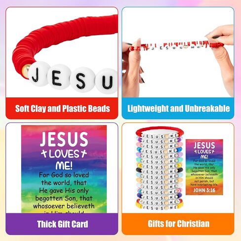 Y1tvei Jesus Loves Me Clay Bead Bracelets - 30Sets Stretch Chains with John 3: 16 Bible Verse Cards, String Layering Stackable Stretch Wrist Bracelets for Christian Religious Birthday Party Favors Gift in Kuwait