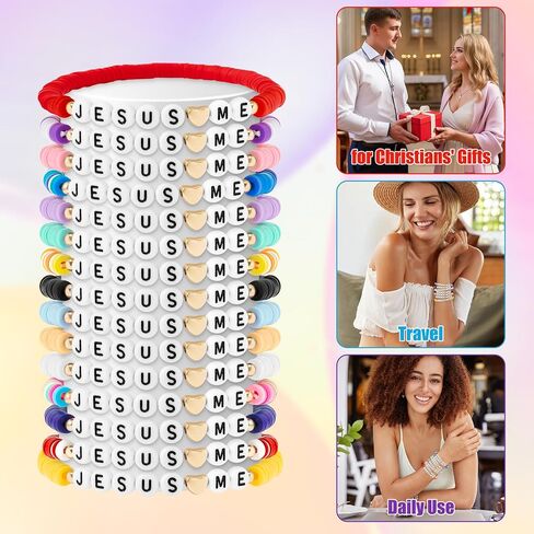 Y1tvei Jesus Loves Me Clay Bead Bracelets - 30Sets Stretch Chains with John 3: 16 Bible Verse Cards, String Layering Stackable Stretch Wrist Bracelets for Christian Religious Birthday Party Favors Gift in Kuwait