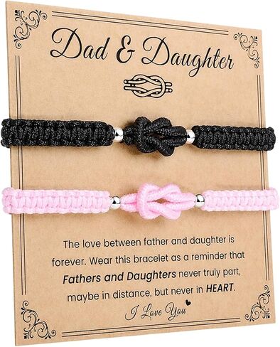 2pcs Father Daughter Bracelet Set, Father's Day Bracelet with Card for Father and Daughter, Adjustable Sizes for Comfortable Wear, Black and Pink in Kuwait