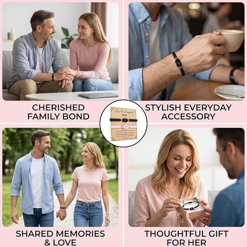 2pcs Father Daughter Bracelet Set, Father's Day Bracelet with Card for Father and Daughter, Adjustable Sizes for Comfortable Wear, Black and Pink in Kuwait