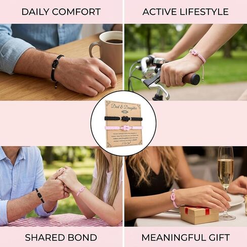 2pcs Father Daughter Bracelet Set, Father's Day Bracelet with Card for Father and Daughter, Adjustable Sizes for Comfortable Wear, Black and Pink in Kuwait