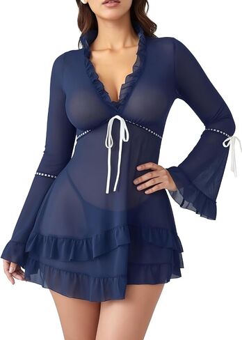 FEOYA Women's 2 Piece Long Sleeve Mesh Sheer Ruffle Dress Nightgowns with Thongs Lingerie Set in Kuwait