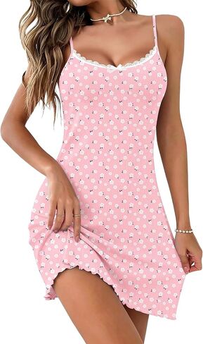Ekouaer Nightgowns for Women Spaghetti Strap Night Gown Sleeveless Lace Sleep Shirt Soft Chemise Sleepwear Sleep Dress in Kuwait