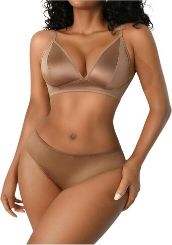 OYOANGLE Women's 2 Piece Satin Lingerie Sets Wireless Triangle Bralette and Panty Set Silky Underwear in Kuwait