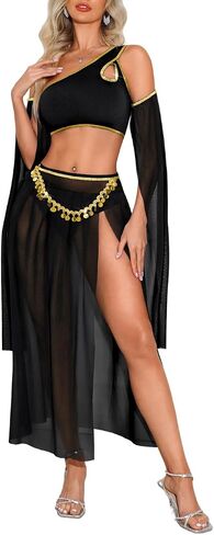 ShawGobow Womens Belly Dancer Outfit,Sheer High Slit Skirt Exotic Dancewear,Sexy 5 Piece Geine Costume Rave Halloween in Saudi Arabia