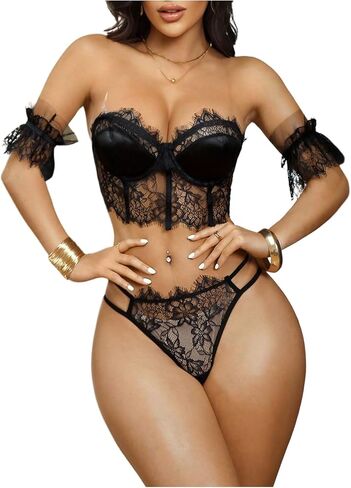 OYOANGLE Women's 4 Piece Lingerie Set Floral Lace Strapless Bustier Bra and Panty with Mesh Arm Cuffs in Kuwait