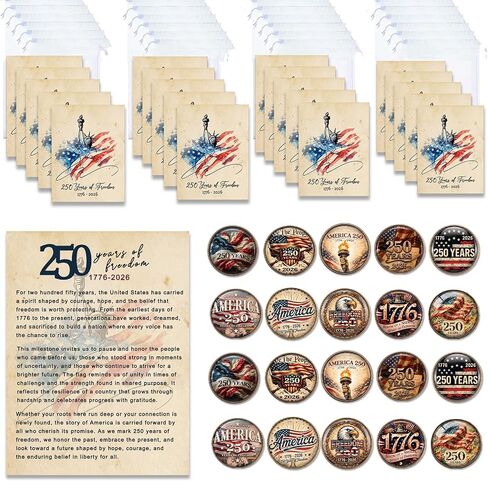 America 250 Merchandise Lapel Pins, 10/20 Pack Vintage 250th Anniversary USA Commemorative Pins 1776-2026 with Story Cards and Gift Bags, Patriotic July 4th Keepsakes for Veterans, Teachers, History Buffs and Families in Saudi Arabia