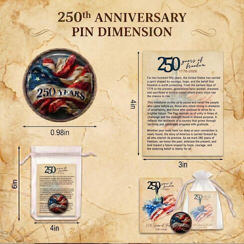 America 250 Merchandise Lapel Pins, 10/20 Pack Vintage 250th Anniversary USA Commemorative Pins 1776-2026 with Story Cards and Gift Bags, Patriotic July 4th Keepsakes for Veterans, Teachers, History Buffs and Families in Saudi Arabia