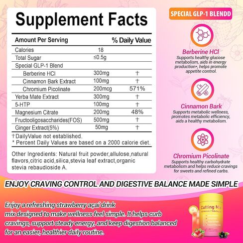 Cutting Drink Mix – GLP-1 Drink Mix with 5-HTP, Yerba Mate & Magnesium, FOS | Supports Satiety Signaling, Energy & Gut Health | Strawberry Açaí Flavor – 30 Servings in Saudi Arabia