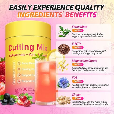 Cutting Drink Mix – GLP-1 Drink Mix with 5-HTP, Yerba Mate & Magnesium, FOS | Supports Satiety Signaling, Energy & Gut Health | Strawberry Açaí Flavor – 30 Servings in Saudi Arabia